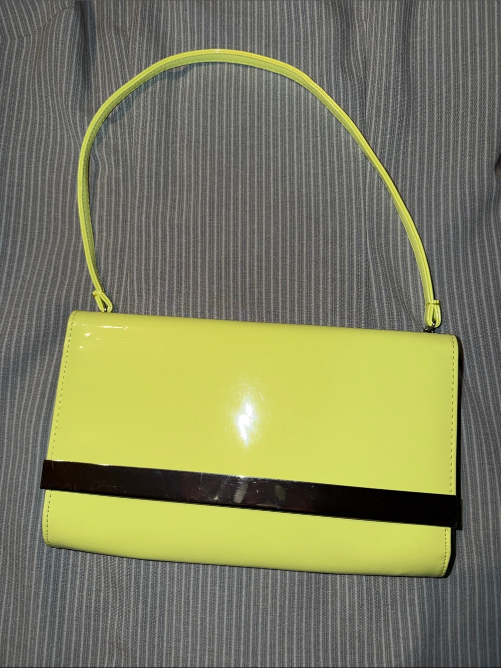 Patent Lemon Yellow Shoulder Bag with Metallic Accent